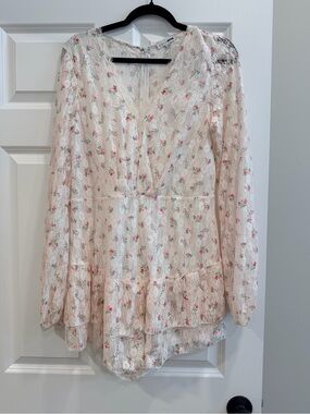Pink Floral Lace Long Sleeve Flounce Romper